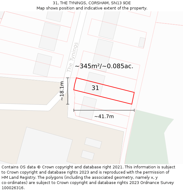 31, THE TYNINGS, CORSHAM, SN13 9DE: Plot and title map