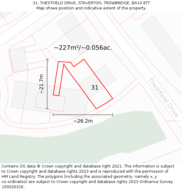 31, THESTFIELD DRIVE, STAVERTON, TROWBRIDGE, BA14 8TT: Plot and title map