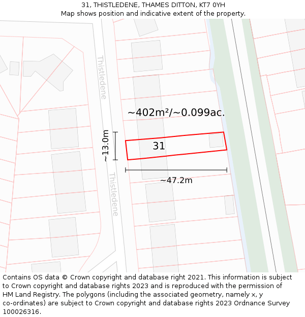 31, THISTLEDENE, THAMES DITTON, KT7 0YH: Plot and title map