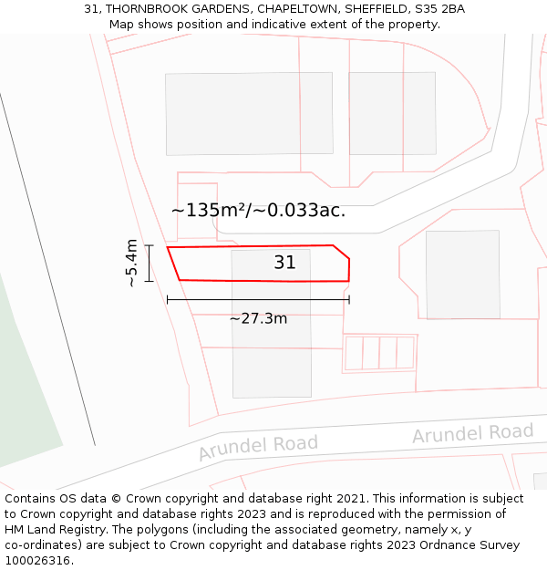 31, THORNBROOK GARDENS, CHAPELTOWN, SHEFFIELD, S35 2BA: Plot and title map