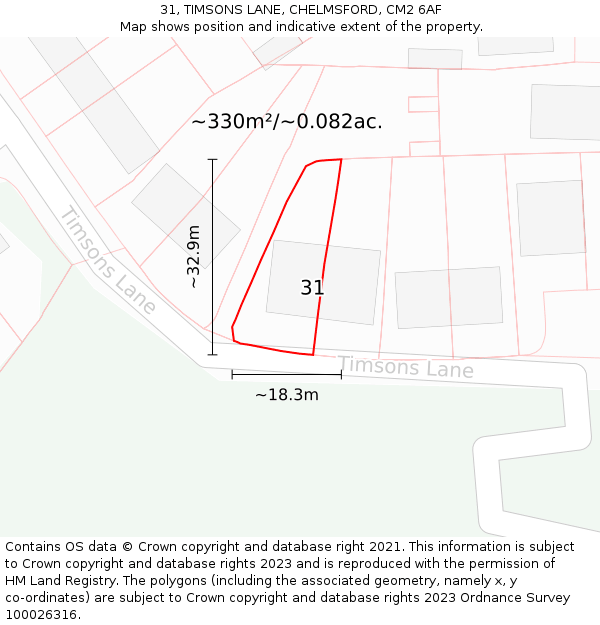 31, TIMSONS LANE, CHELMSFORD, CM2 6AF: Plot and title map