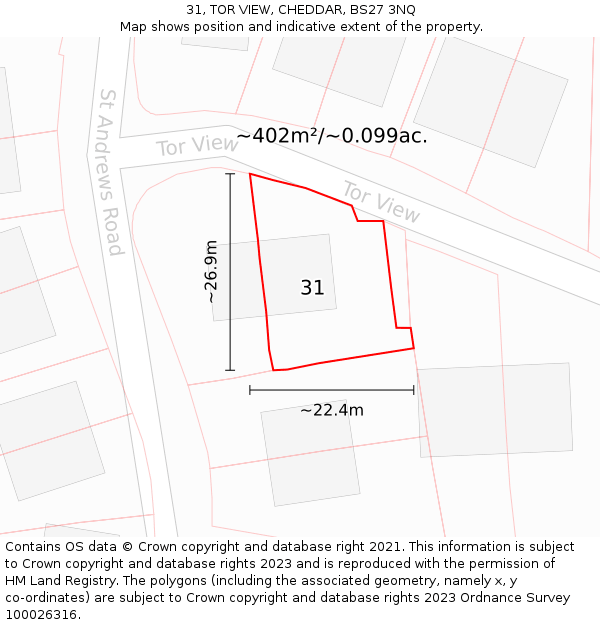 31, TOR VIEW, CHEDDAR, BS27 3NQ: Plot and title map