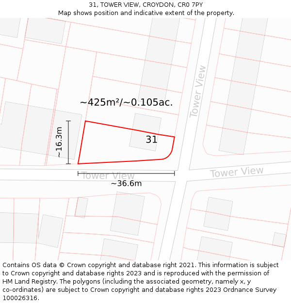 31, TOWER VIEW, CROYDON, CR0 7PY: Plot and title map