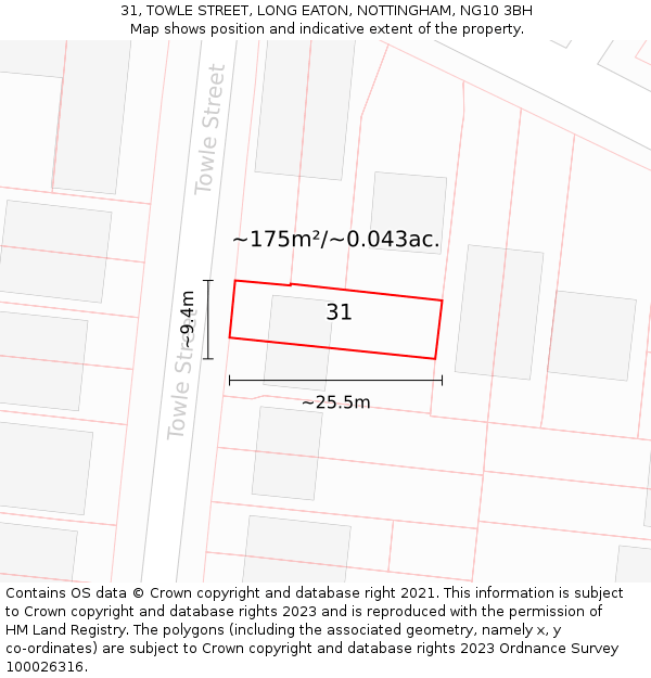 31, TOWLE STREET, LONG EATON, NOTTINGHAM, NG10 3BH: Plot and title map