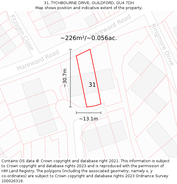 31, TYCHBOURNE DRIVE, GUILDFORD, GU4 7DH: Plot and title map