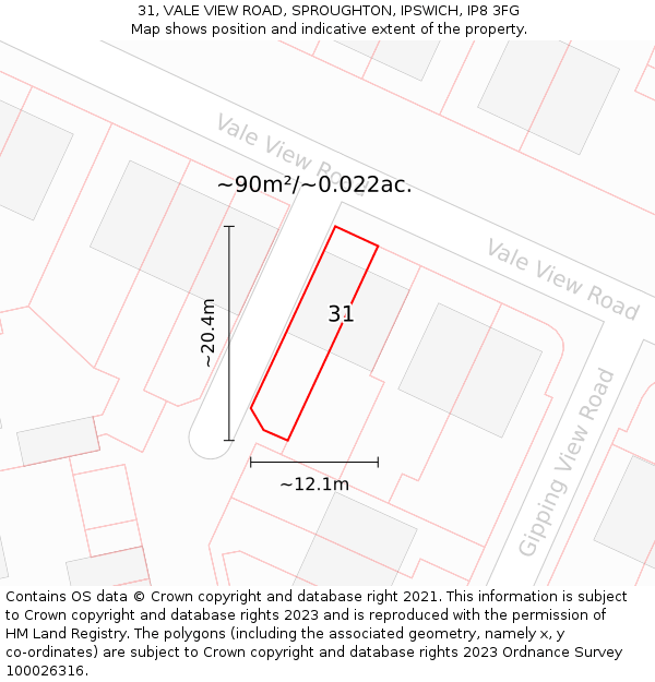 31, VALE VIEW ROAD, SPROUGHTON, IPSWICH, IP8 3FG: Plot and title map