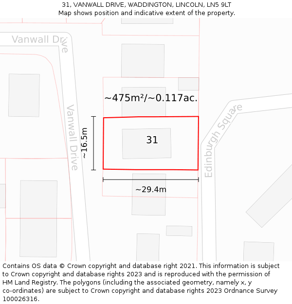 31, VANWALL DRIVE, WADDINGTON, LINCOLN, LN5 9LT: Plot and title map