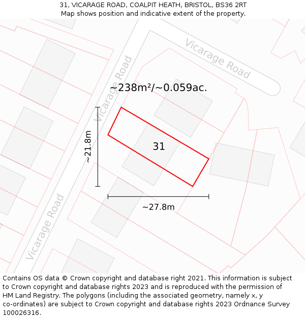 31, VICARAGE ROAD, COALPIT HEATH, BRISTOL, BS36 2RT: Plot and title map
