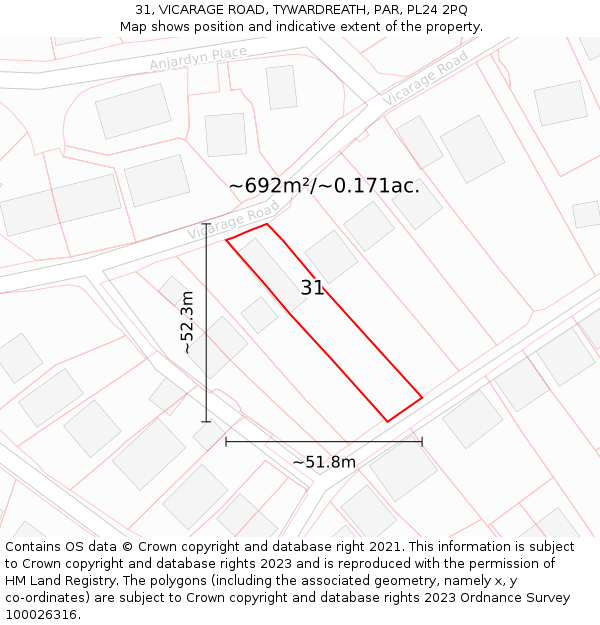 31, VICARAGE ROAD, TYWARDREATH, PAR, PL24 2PQ: Plot and title map
