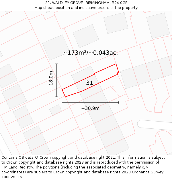 31, WALDLEY GROVE, BIRMINGHAM, B24 0GE: Plot and title map