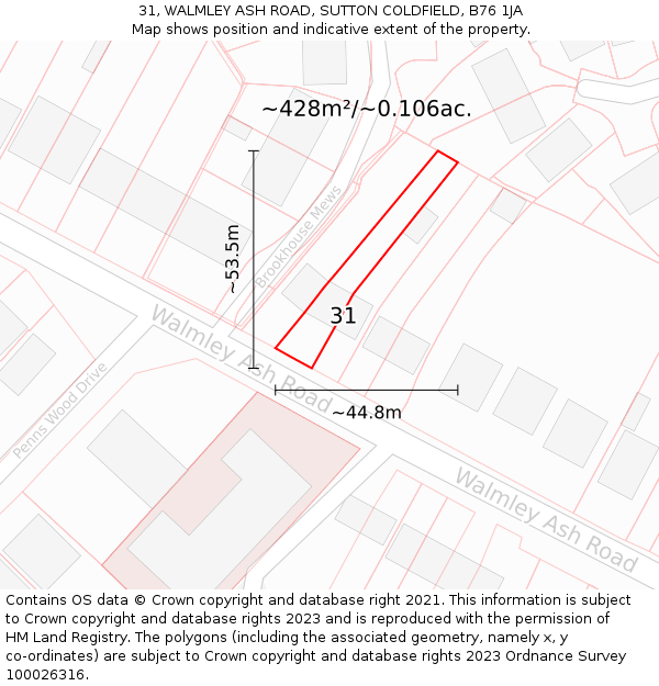31, WALMLEY ASH ROAD, SUTTON COLDFIELD, B76 1JA: Plot and title map