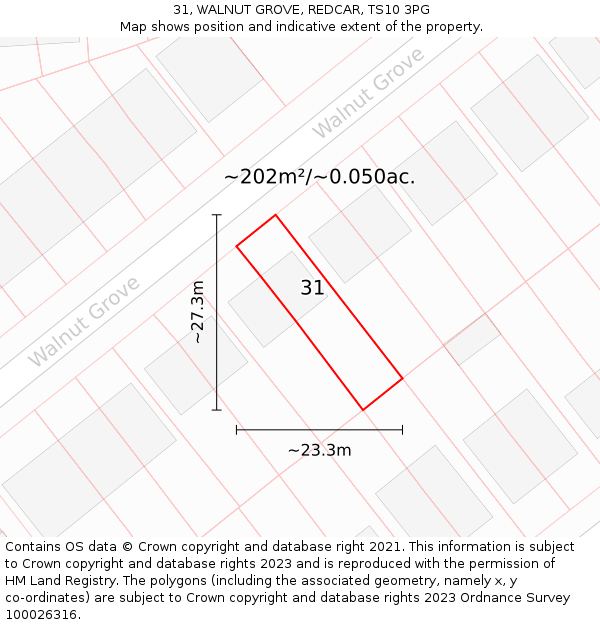 31, WALNUT GROVE, REDCAR, TS10 3PG: Plot and title map