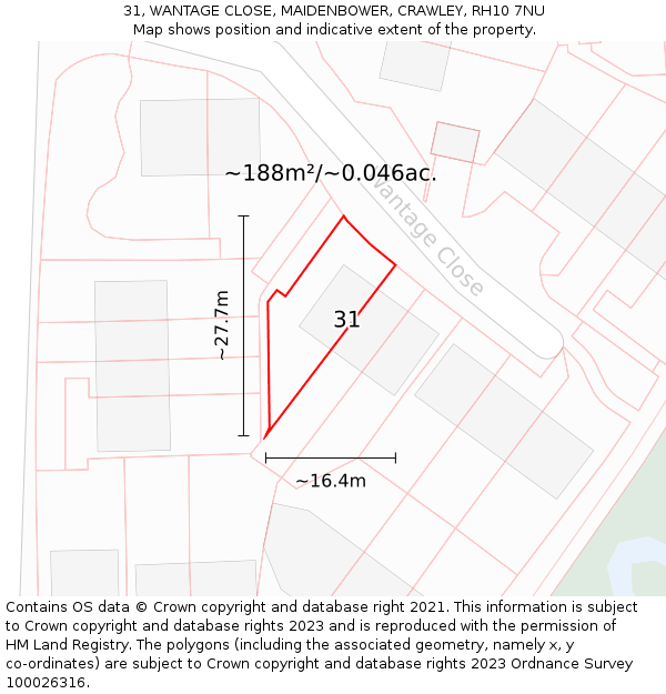 31, WANTAGE CLOSE, MAIDENBOWER, CRAWLEY, RH10 7NU: Plot and title map