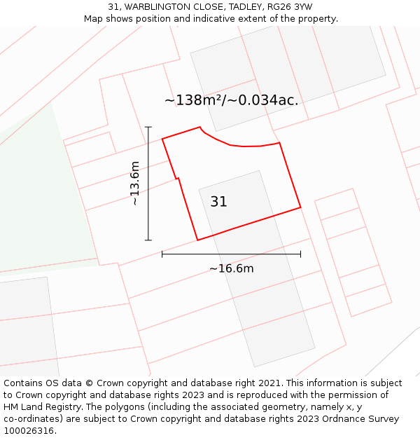 31, WARBLINGTON CLOSE, TADLEY, RG26 3YW: Plot and title map