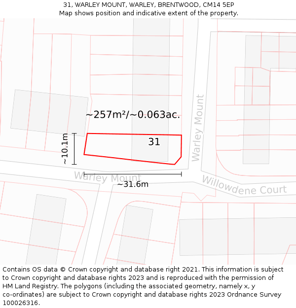 31, WARLEY MOUNT, WARLEY, BRENTWOOD, CM14 5EP: Plot and title map