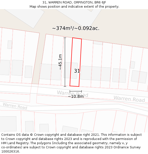 31, WARREN ROAD, ORPINGTON, BR6 6JF: Plot and title map