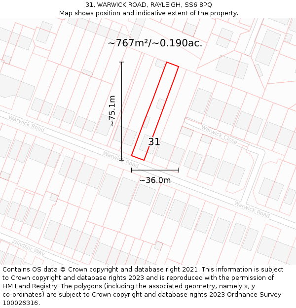 31, WARWICK ROAD, RAYLEIGH, SS6 8PQ: Plot and title map