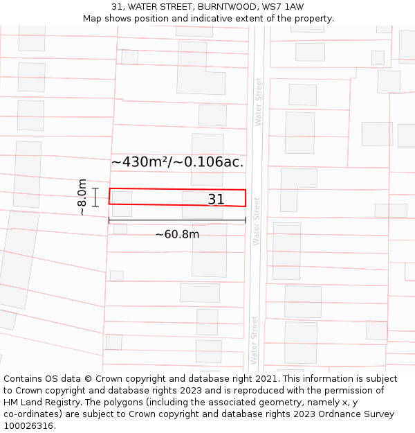 31, WATER STREET, BURNTWOOD, WS7 1AW: Plot and title map