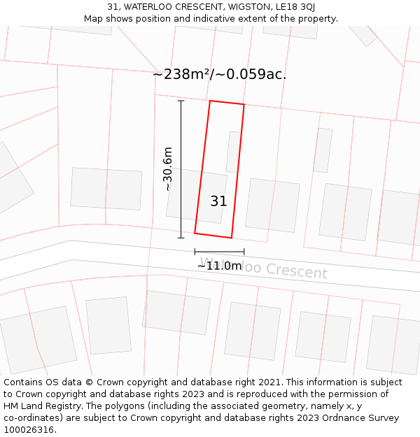 31, WATERLOO CRESCENT, WIGSTON, LE18 3QJ: Plot and title map