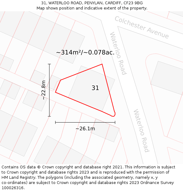 31, WATERLOO ROAD, PENYLAN, CARDIFF, CF23 9BG: Plot and title map