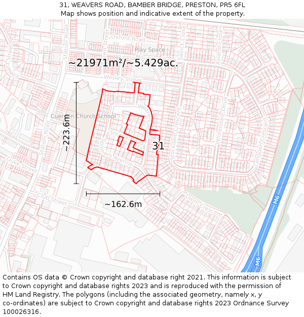 31, WEAVERS ROAD, BAMBER BRIDGE, PRESTON, PR5 6FL: Plot and title map