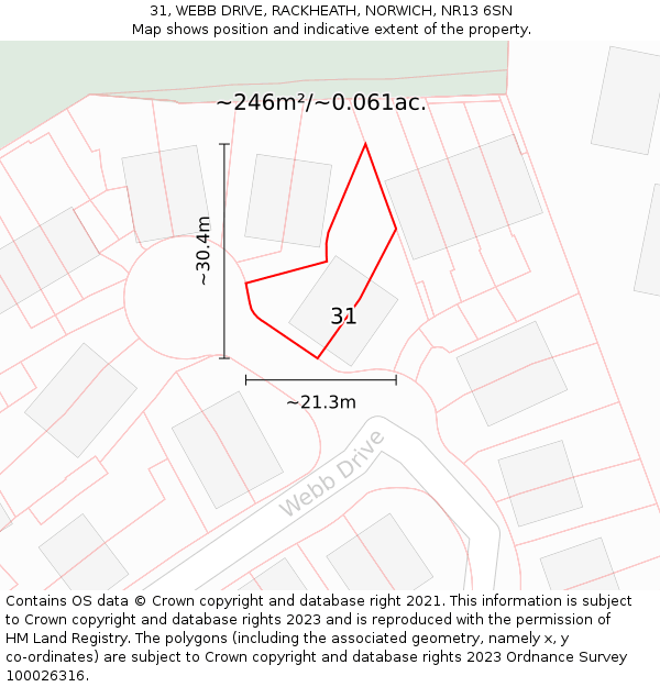 31, WEBB DRIVE, RACKHEATH, NORWICH, NR13 6SN: Plot and title map