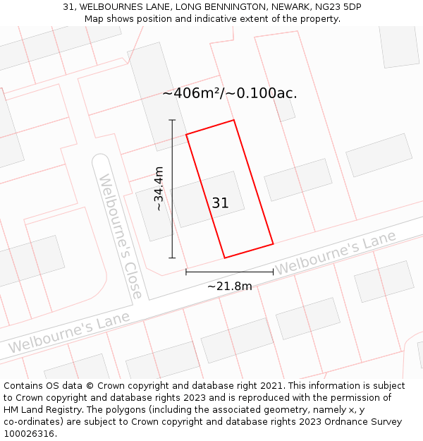 31, WELBOURNES LANE, LONG BENNINGTON, NEWARK, NG23 5DP: Plot and title map