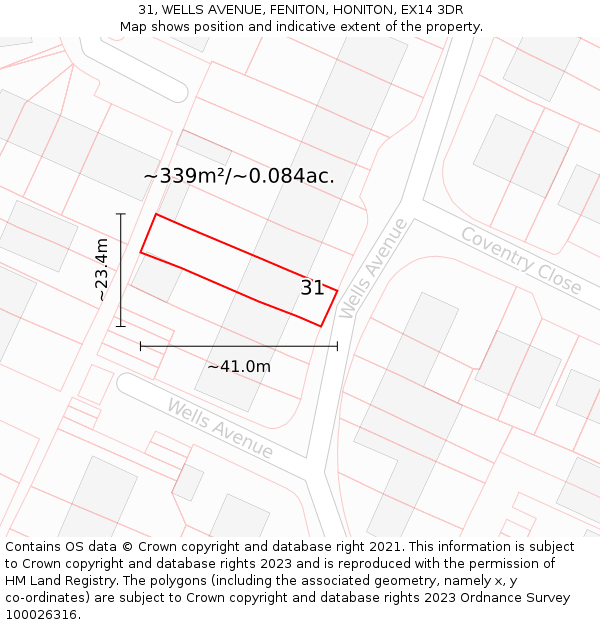 31, WELLS AVENUE, FENITON, HONITON, EX14 3DR: Plot and title map