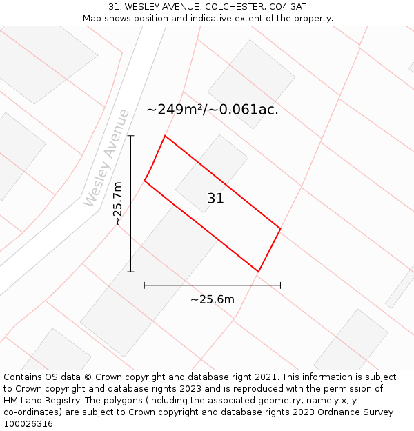 31, WESLEY AVENUE, COLCHESTER, CO4 3AT: Plot and title map
