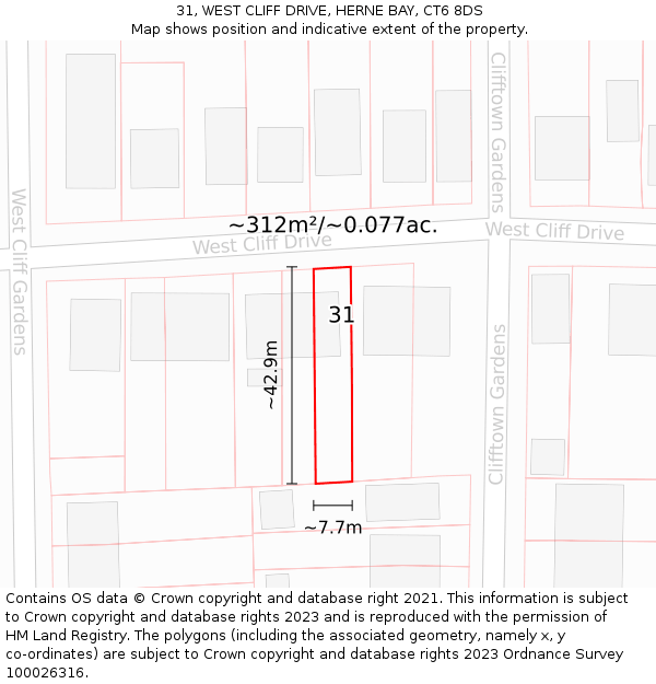 31, WEST CLIFF DRIVE, HERNE BAY, CT6 8DS: Plot and title map