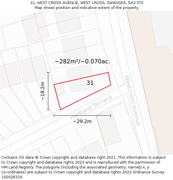 31, WEST CROSS AVENUE, WEST CROSS, SWANSEA, SA3 5TX: Plot and title map
