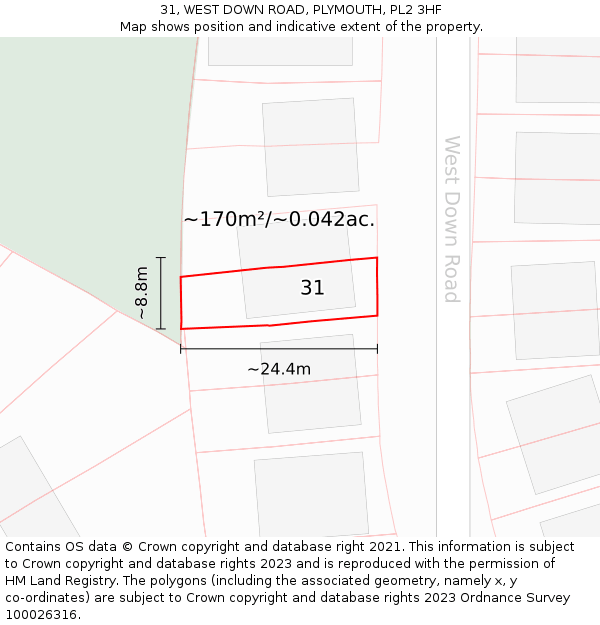 31, WEST DOWN ROAD, PLYMOUTH, PL2 3HF: Plot and title map