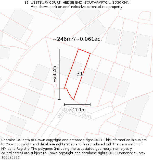 31, WESTBURY COURT, HEDGE END, SOUTHAMPTON, SO30 0HN: Plot and title map