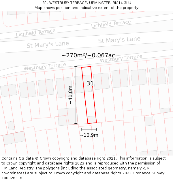 31, WESTBURY TERRACE, UPMINSTER, RM14 3LU: Plot and title map