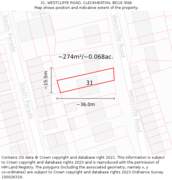 31, WESTCLIFFE ROAD, CLECKHEATON, BD19 3NW: Plot and title map