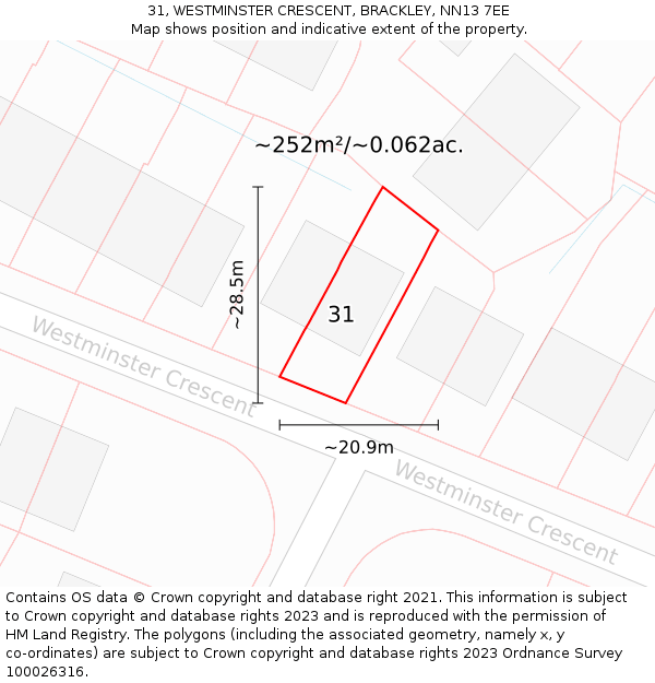 31, WESTMINSTER CRESCENT, BRACKLEY, NN13 7EE: Plot and title map