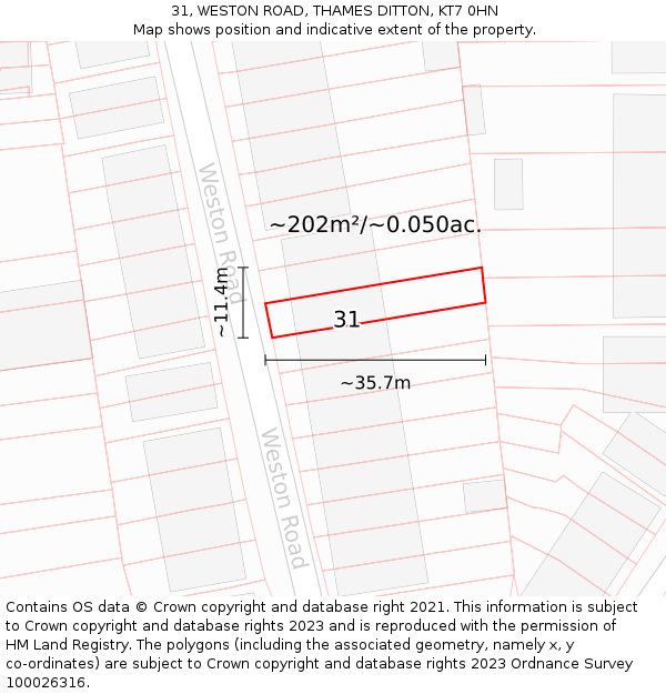 31, WESTON ROAD, THAMES DITTON, KT7 0HN: Plot and title map