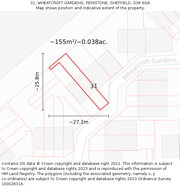 31, WHEATCROFT GARDENS, PENISTONE, SHEFFIELD, S36 6GA: Plot and title map