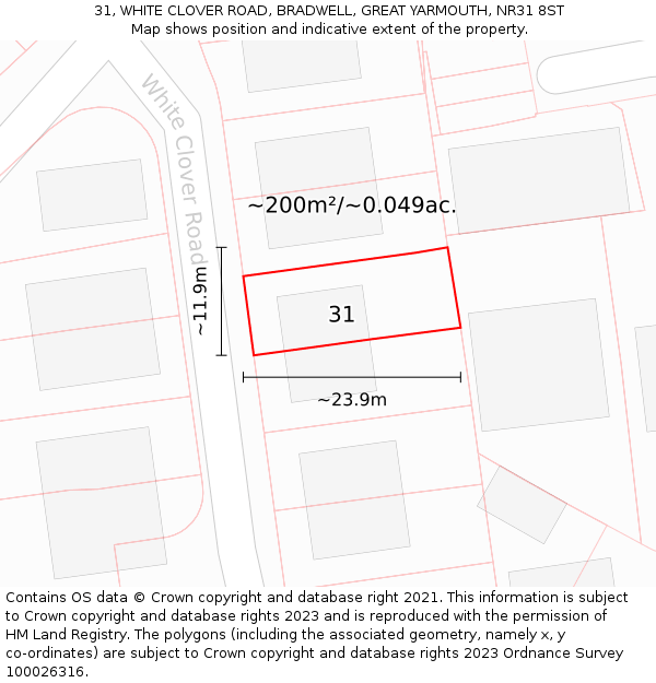 31, WHITE CLOVER ROAD, BRADWELL, GREAT YARMOUTH, NR31 8ST: Plot and title map