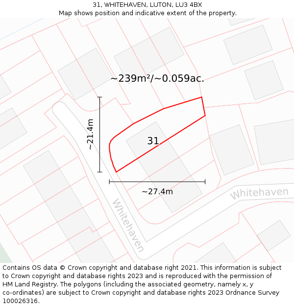 31, WHITEHAVEN, LUTON, LU3 4BX: Plot and title map