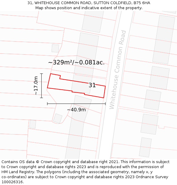 31, WHITEHOUSE COMMON ROAD, SUTTON COLDFIELD, B75 6HA: Plot and title map