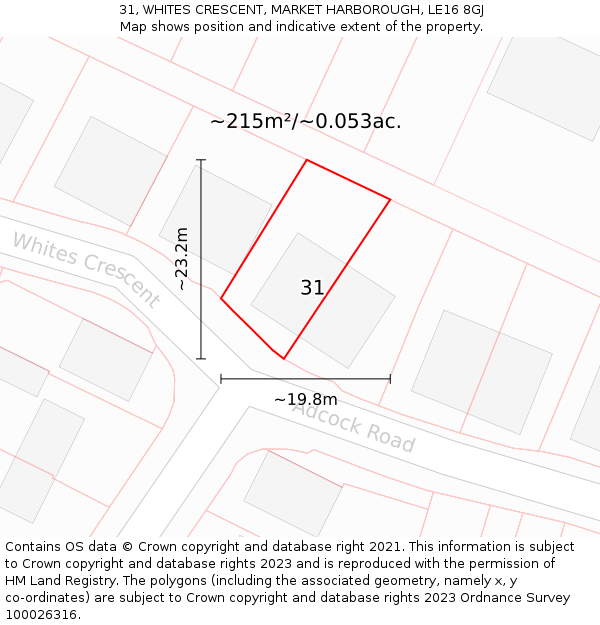 31, WHITES CRESCENT, MARKET HARBOROUGH, LE16 8GJ: Plot and title map