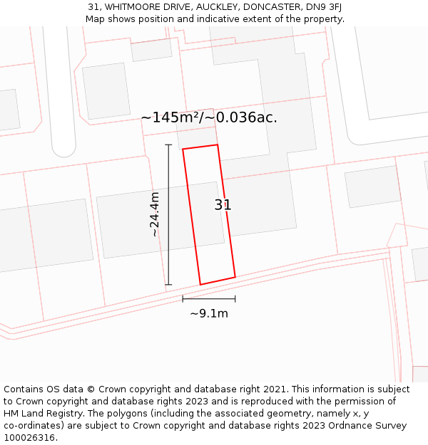 31, WHITMOORE DRIVE, AUCKLEY, DONCASTER, DN9 3FJ: Plot and title map