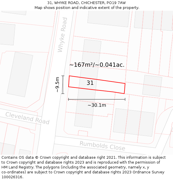 31, WHYKE ROAD, CHICHESTER, PO19 7AW: Plot and title map