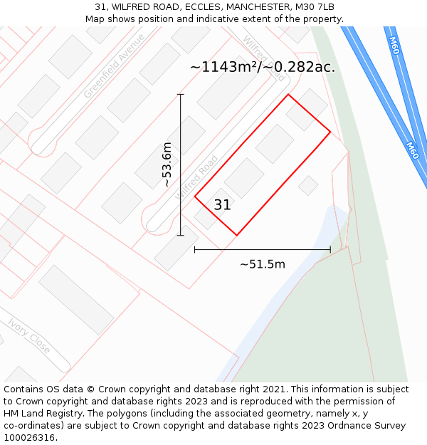 31, WILFRED ROAD, ECCLES, MANCHESTER, M30 7LB: Plot and title map