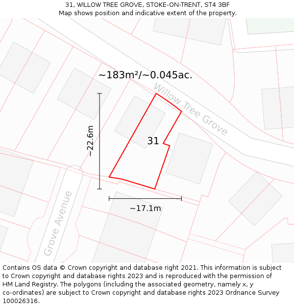 31, WILLOW TREE GROVE, STOKE-ON-TRENT, ST4 3BF: Plot and title map
