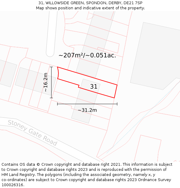 31, WILLOWSIDE GREEN, SPONDON, DERBY, DE21 7SP: Plot and title map