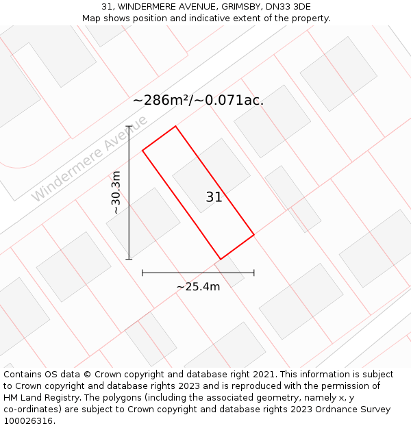 31, WINDERMERE AVENUE, GRIMSBY, DN33 3DE: Plot and title map