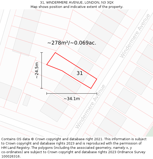 31, WINDERMERE AVENUE, LONDON, N3 3QX: Plot and title map