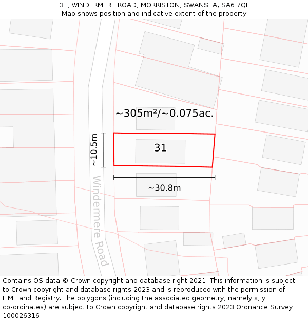 31, WINDERMERE ROAD, MORRISTON, SWANSEA, SA6 7QE: Plot and title map